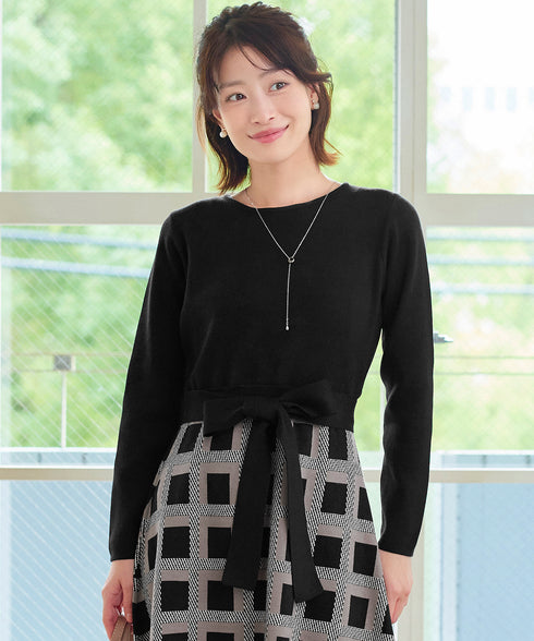 リボンベルト付きチェック柄ニットワンピース